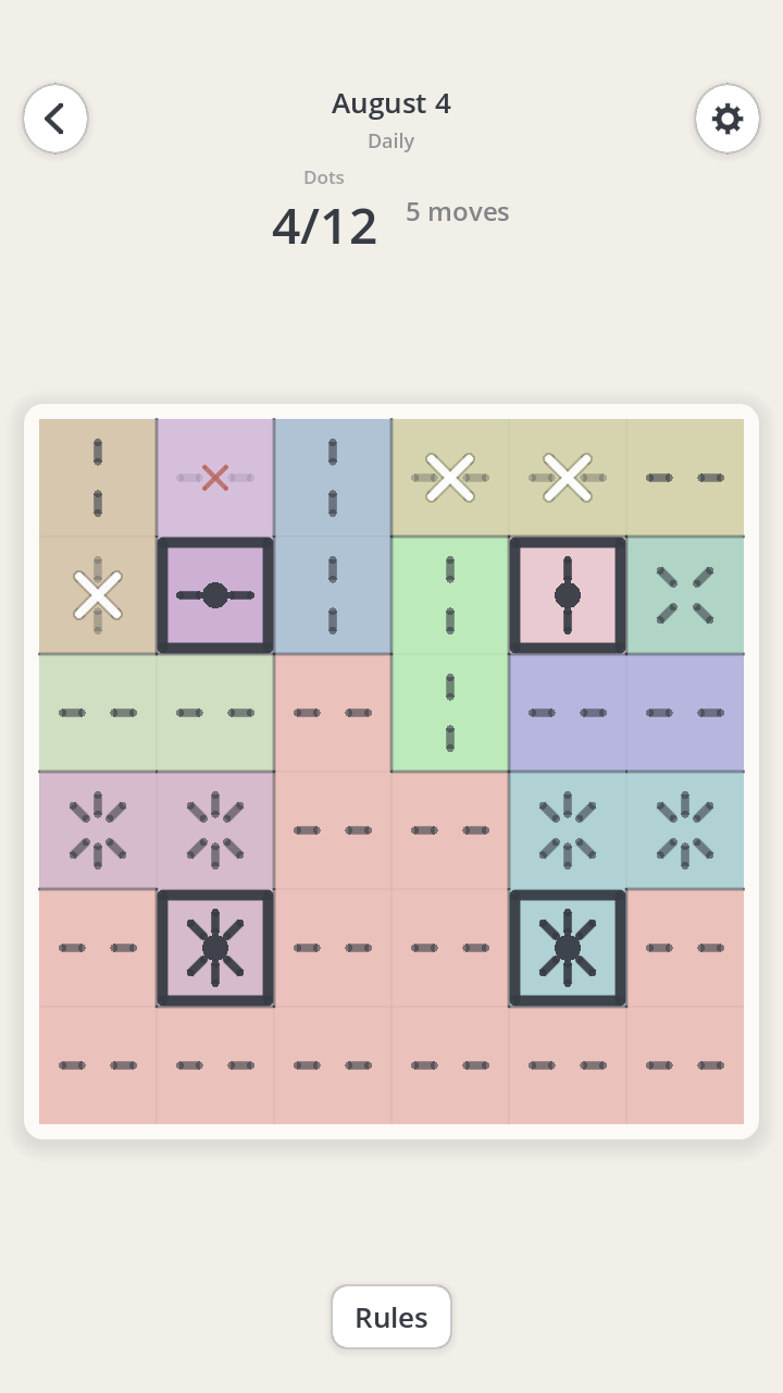 A 6 by 6 Doku board partway through, showing four confirmed answers.
