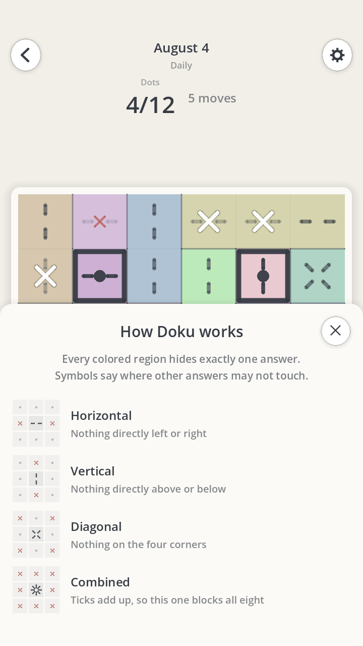 The in-game rules sheet explaining the horizontal, vertical, diagonal and combined rules.