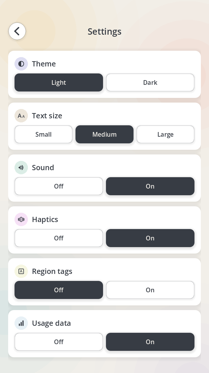 The Doku settings screen with theme, text size, sound, haptics and usage data options.